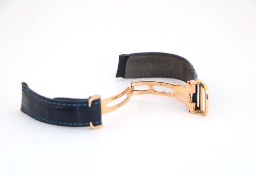 Rare 18K Yellow Gold Blue Leather Cartier Deployment Buckle Watch Strap Band - Picture 9 of 10