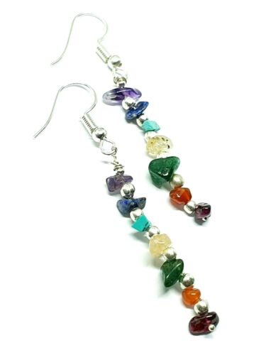 Chakra Earrings Gemstones 925 Silver Beads 7 Chakra Crystal Twee Unisex Bohemian - Picture 11 of 23