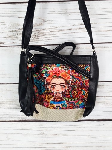 Frida Kahlo Fashion Bag Purse Black & Beige Crossbody Bolsa Mexicana Frida Khalo - Picture 4 of 5