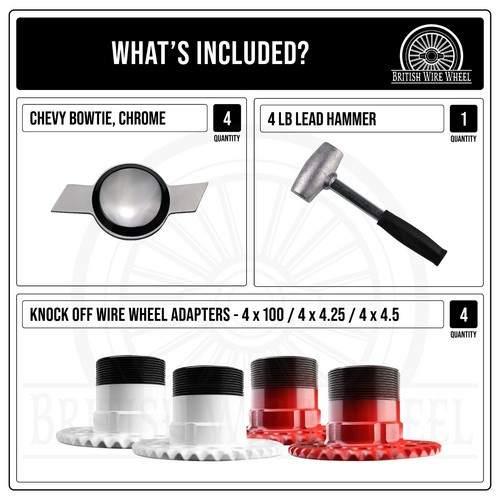 Chevy Style Bowtie KO Spinner Caps + Adapters for Lowriders | Set of 4 + Hammer - Picture 22 of 86