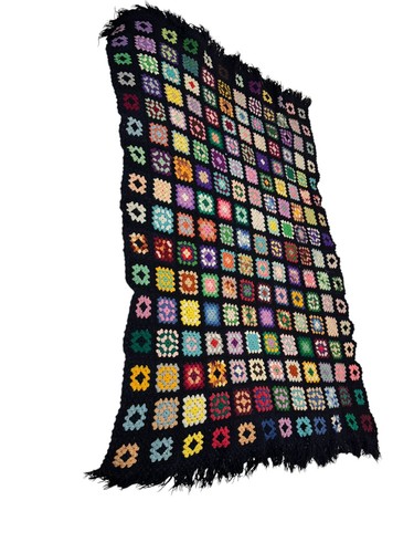 Vintage Granny Square Afghan Crochet Multicolor Blanket Throw 39" x 62" - Picture 1 of 9