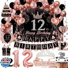 Rose Gold 12th Birthday Decor Kit for Girls - Backdrop, Sweet 12 Crown Sash, 
