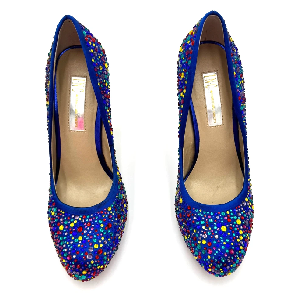 Zapatos de salón INC para mujer talla 6M azul real multicolor estrás tacón alto buenos Foto 3 de 4