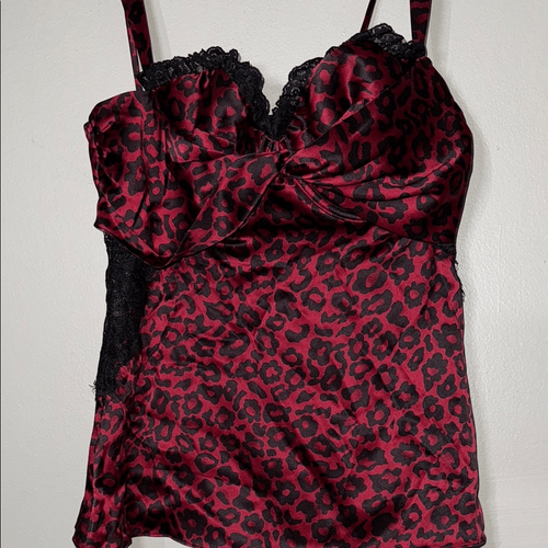 Rotes Camisole aus Seidenmischung mit Leopardenmuster und Spitze - Bild 5 von 10
