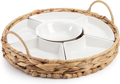 Tragbares Keramik Serviertablett mit Weidenkorb - Ideal für Partys & Geschenke - Bild 7 von 10