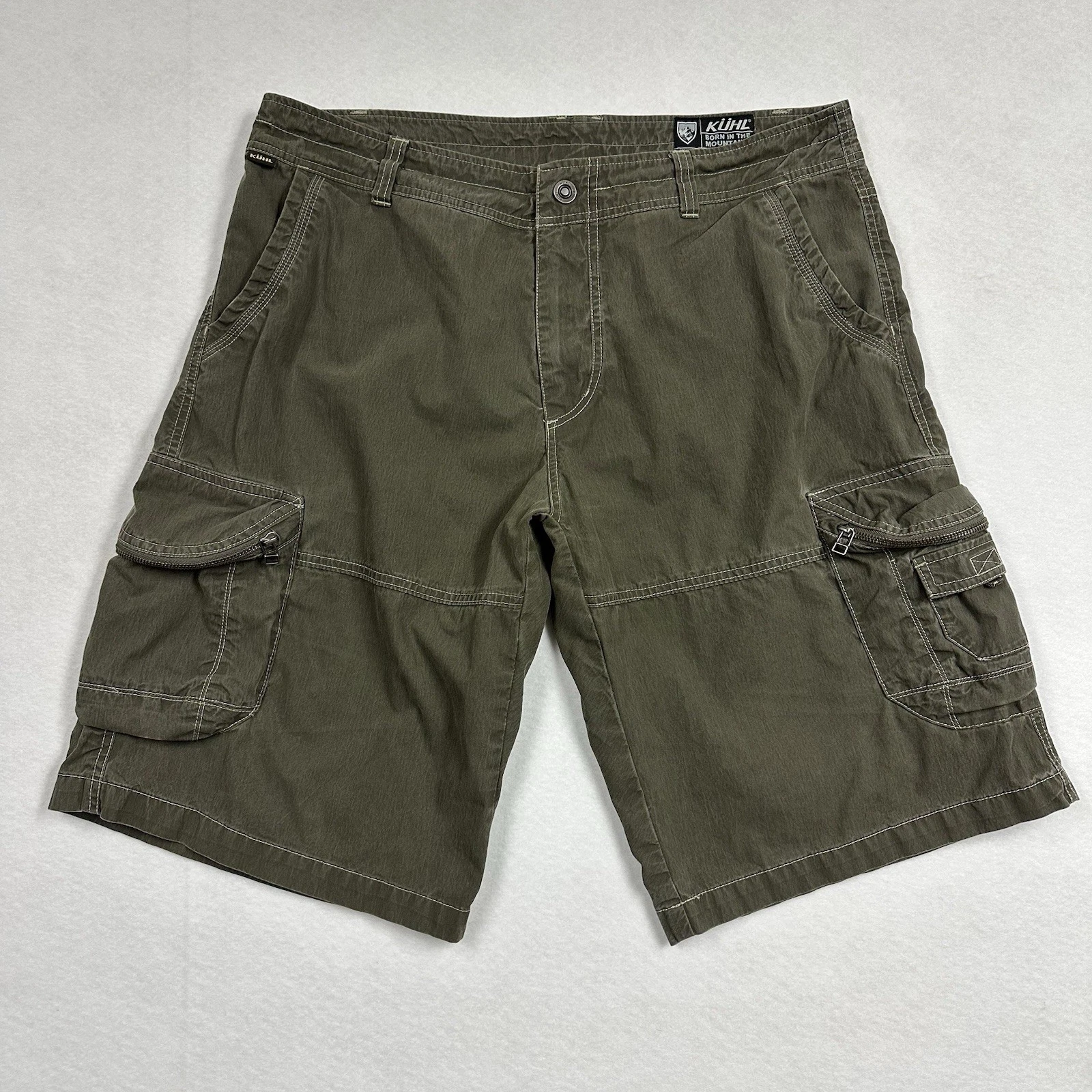 Kuhl Ambush Cargo Shorts Mens 36 12” Inseam Green Vintage Patina Dye Hiking EUC