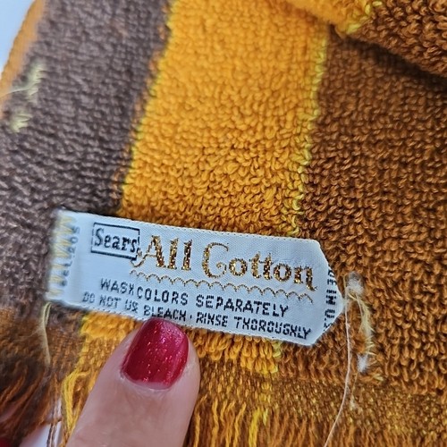 Vintage70's Sears Gold Brown Orange Block Geometric Fringe Bath Towel 1719 - Picture 6 of 11
