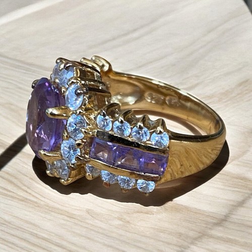 Anillo de cóctel vintage de plata de ley 925 con amatista vermeil y circonita cúbica talla 7 - Imagen 5 de 8