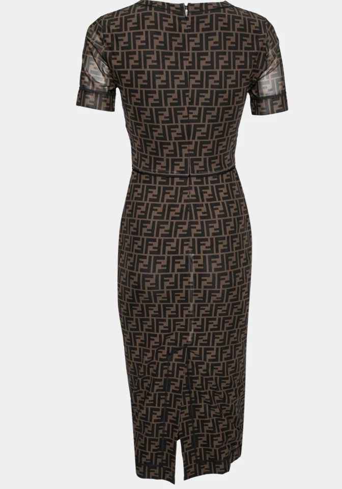 Vestido Vaina Fendi Marrón Estampado Zucca FF Logo Manga Corta Foto 3 de 4