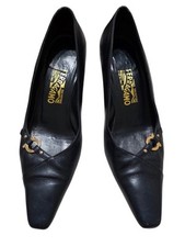Salvatore Ferragamo Gancini Logo Navy Leather Pump Kitten 2" Heel US 8B Italy