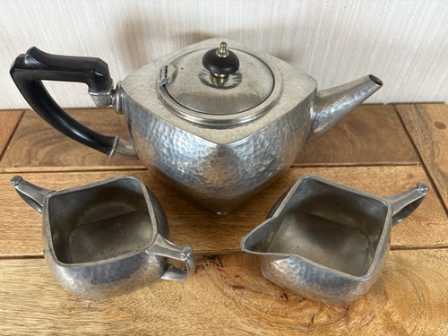 Vintage Warric Pewter 021 Tea Set Diamond Shape Tea Pot Milk Jug & Sugar Bowl - Picture 3 of 21