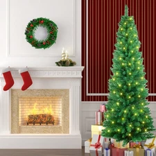 5ft 6ft 7ft Slim Pencil Skinny Artificial Green Christmas Tree with LED Lights