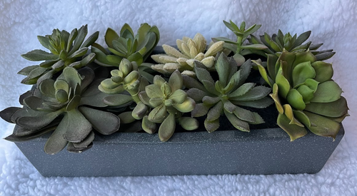 KISTE & FASS ~ KÜNSTLICHES SUKKULENTEN-ARRANGEMENT IN GRAUEM KERAMIK-ÜBERTOPF ~ 12"x5"x3" - Bild 2 von 10