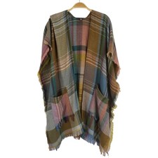 Boho Knit Ruana Kimono Sweater Women OS Green Windowpane Plaid Fringe Pockets