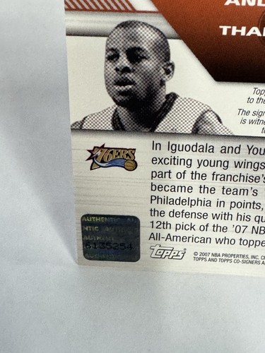 2007 Topps Co-Signers Dual Auto Andre Iguodala Thaddeus Young Philadelphia 76ers - Picture 8 of 10