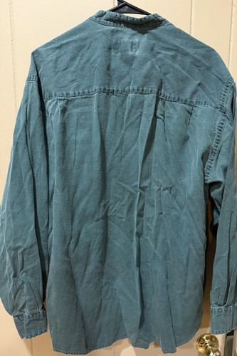 Vintage Eddie Bauer Mandarin Collar button down shirt Mens large green 90s - Picture 3 of 3