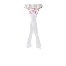 White with 3 Pink Stripes Over the Knee Tall Socks ONE SIZE School Girl NEW