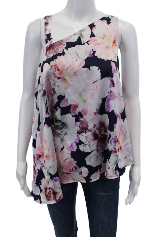 Cynthia Rowley Womens Floral Print Asymmetric Lined Blouse Top Navy Size 6
