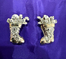 Vintage Christmas Stocking Silver and Gold Tone Clip Earrings