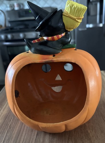 Vintage 1985 Lefton Black Cat Witch On Pumpkin Jack-O- Lantern Tea Light Votive - Picture 7 of 10