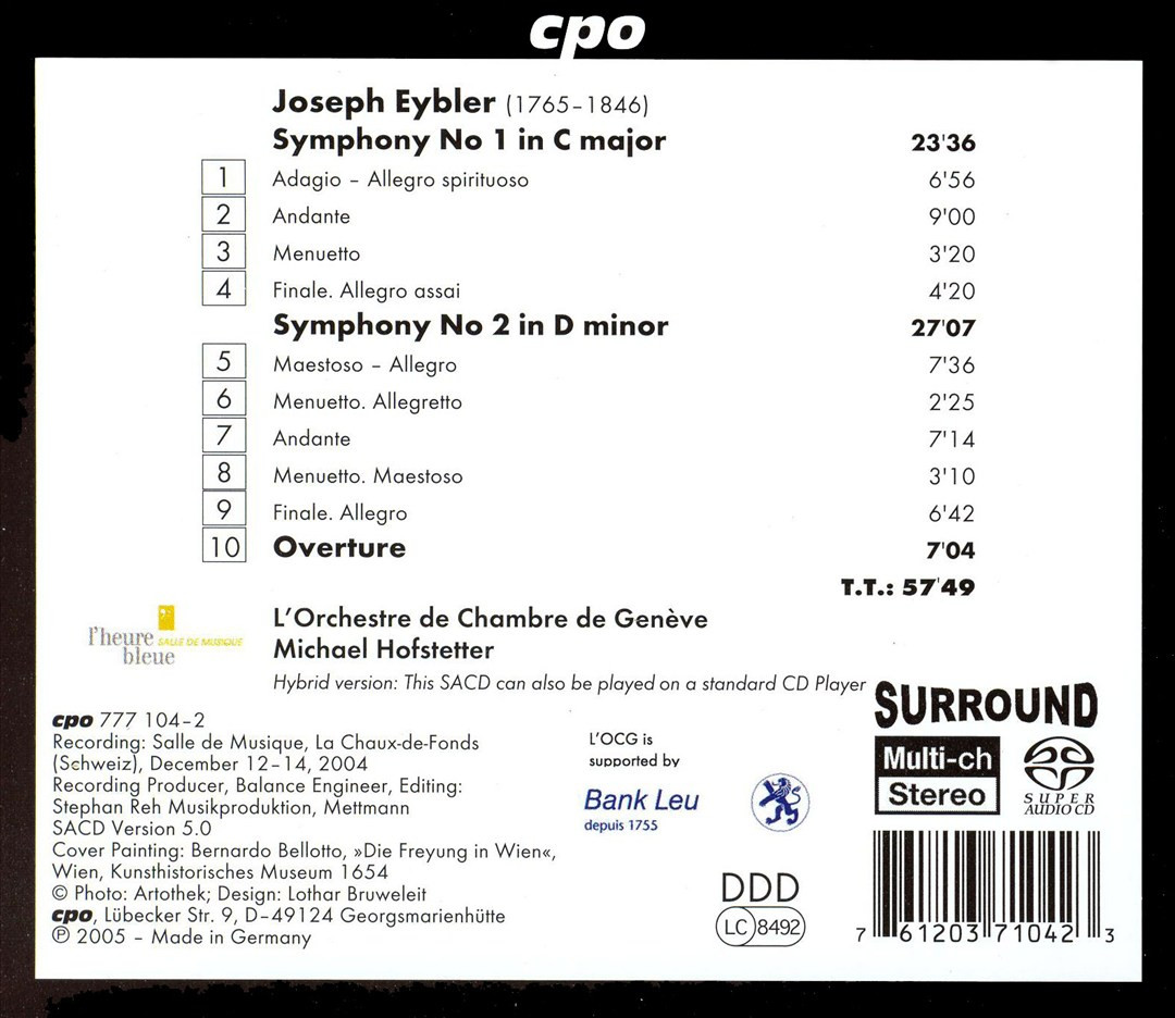 Symphonies 1 & 2 (Hybr) (Ms)［CD］ JOSEPH EYBLER: SYMPHONIES 1 & 2; OVERTURE [HYBRID SACD] NEW