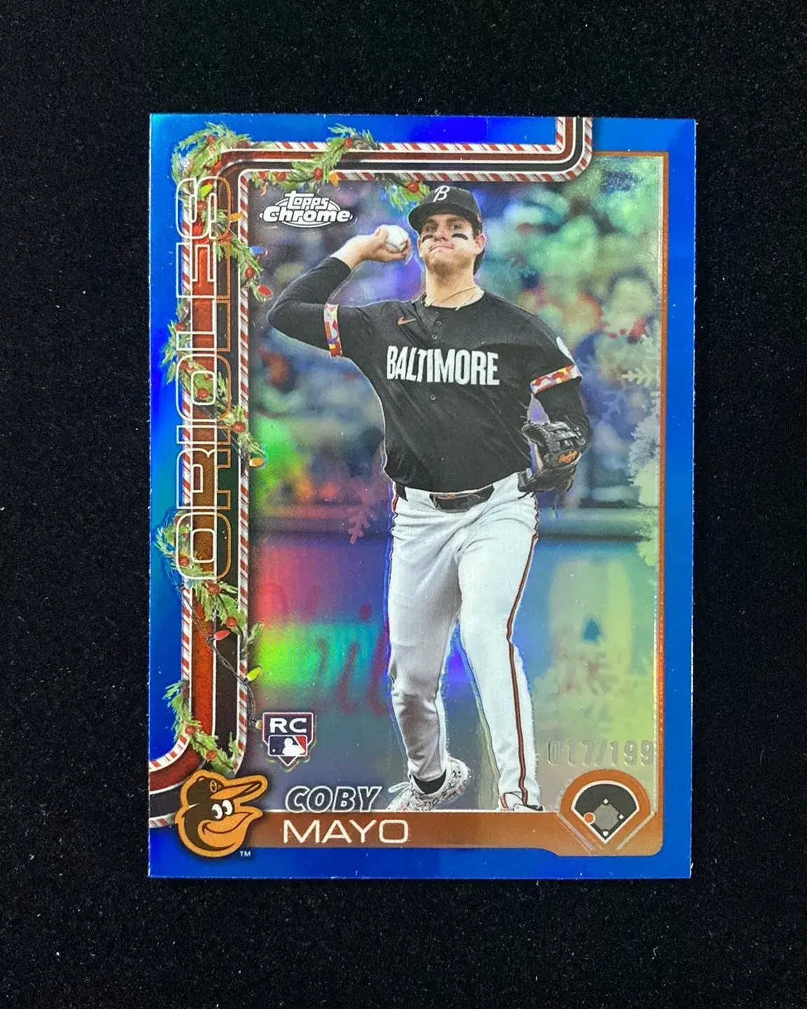 2025 Topps Chrome Holiday Coby Mayo Orioles 17/199 RC Blue Refractor will