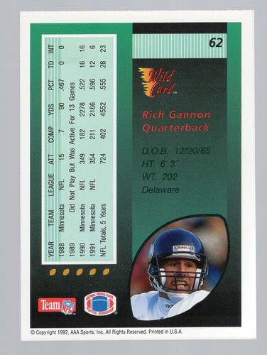 RICH GANNON 1992 COMODÍN 1000 RAYAS #62 **MINNESOTA VIKINGS** SSP - Imagen 2 de 2
