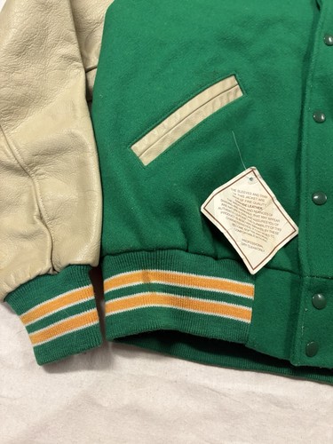 Vintage Dehen 1920 Varsity Wool Jacket Green Beige Leather Sleeves Mens Large - Picture 2 of 14