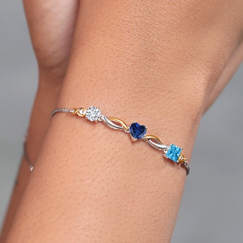 925 Silver and 10K Yellow Gold Created Sapphire Swiss Blue Topaz and Lab Grown - Picture 4 of 4
