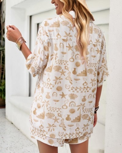Linen Sets for Women 2 Piece Summer Printed Short Sleeve High Waist Shorts Lo... - Picture 5 of 5