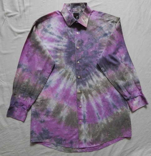 Tie Dye Purple Black Green Long Sleeve Button Up Dress Shirt - Large Mens Hand - 第 3/9 張圖片