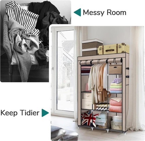 Fabric Canvas Wardrobe With Hanging Rail Shelving Clothes Storage Large Cupboard - Picture 9 of 28