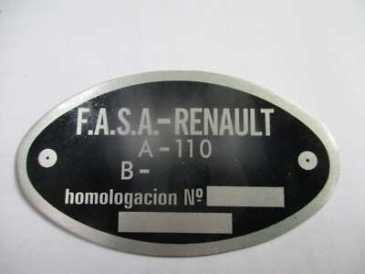 Type Plate Renault Alpine A110 110 FASA F.A.S.A Spain S86 Plate B-