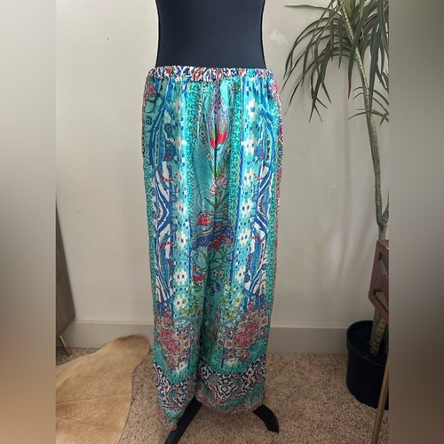 Printed silk BoHo vacation pant set beaded neckline blue floral paisley m/L - Picture 5 of 10