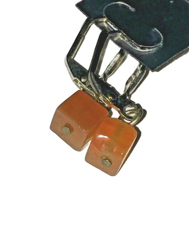 carnelian dangle tarnish silver plated lever back earrings, defect square stones - Picture 7 of 11