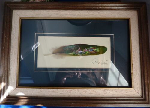 Vintage Costa Rica Painting On Feather-Signed Double Matted & Wood Framed Art  - Zdjęcie 1 z 9