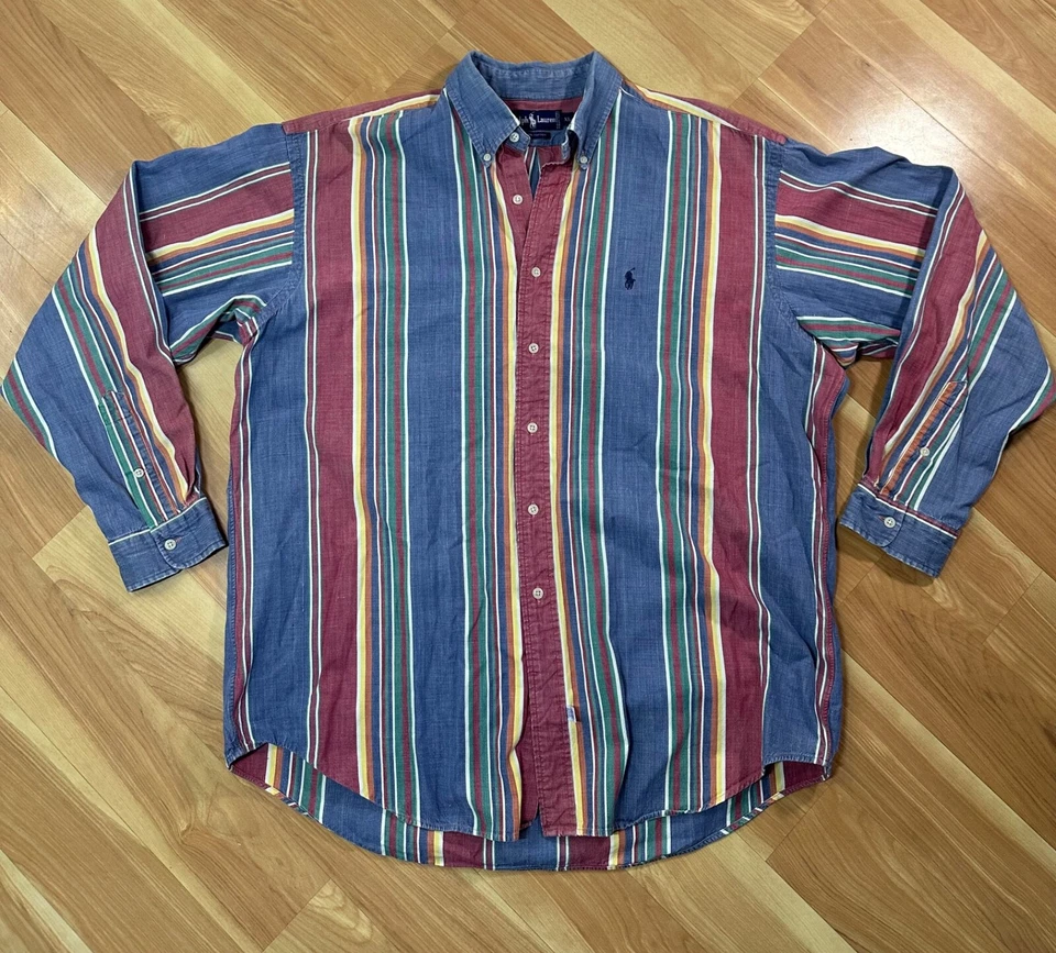 Vintage Polo Ralph Lauren 80’s Colorful Chambray Shirt Men L Hand Woven Canada - Image 2 of 4