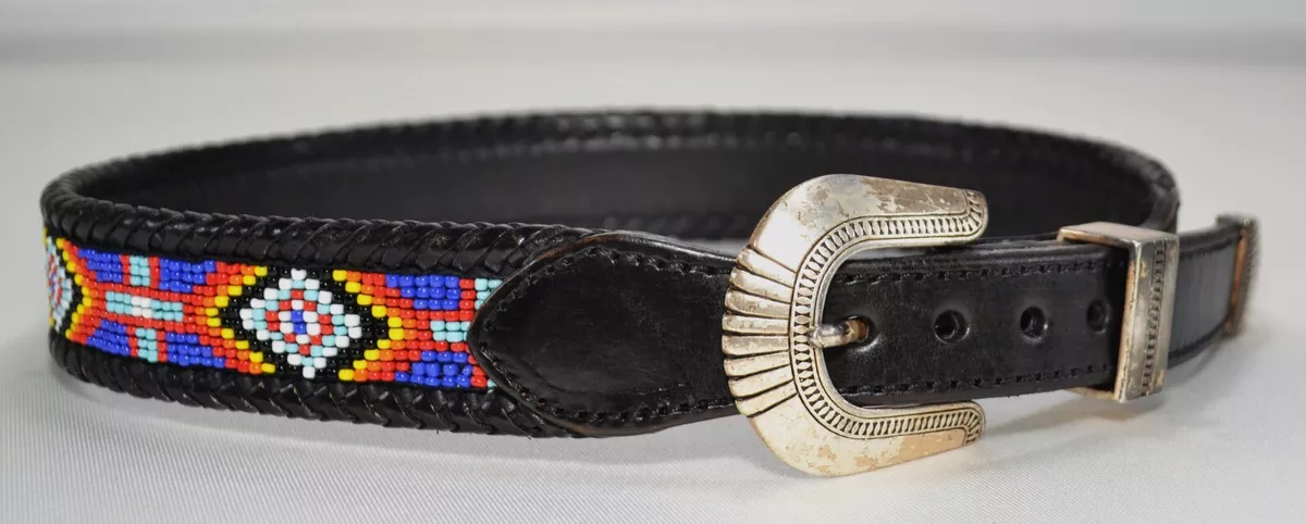 Vtg Brighton Size 26 Western Native American Beaded Black Leather Belt  #65503