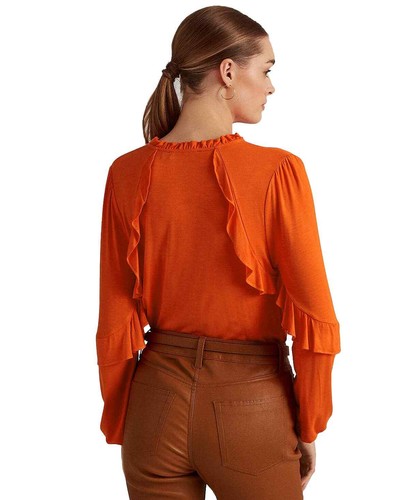 Lauren Ralph Lauren Women's Orange Ruffle-Trim Long-Sleeve Top - M - Orange - Picture 2 of 3
