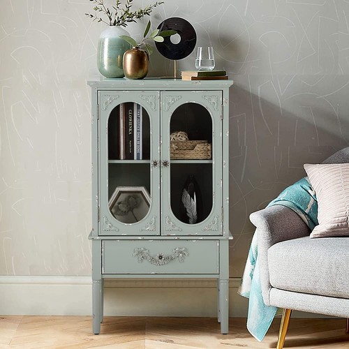 Accent Storage Cabinet with 2 Glass Doors Kitchen Living Room Display Cabinet - Picture 11 of 12