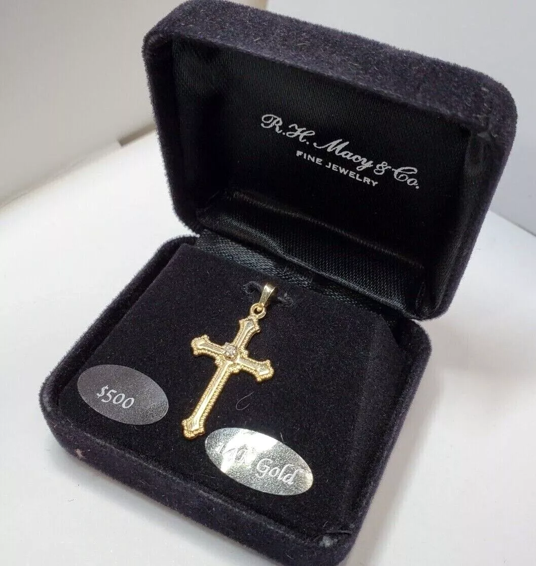 MACY S 14k Yellow Gold Diamond Accent Beaded Edge Cross Pendant eBay