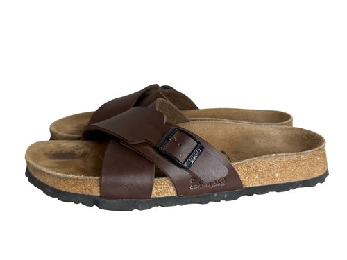 Birkis Cross-Strap Brown Leather Sandals Comfortable Cork Sole Slip-On Casual 7 - Picture 4 of 6