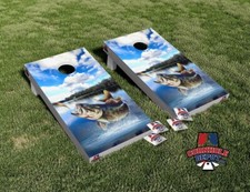 Jumping Seabass Lake Fishing Cornhole Board Vinyl Wrap Laminated Sticker Set