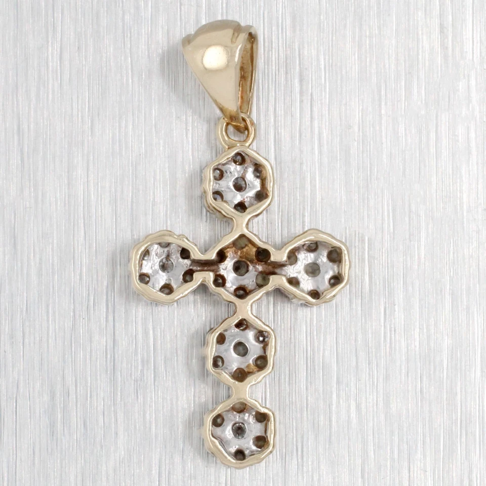 Vintage 0.50 ctw Diamond Cluster Cross Pendant - 14k Yellow Gold - Floral Motif - Image 2 of 4