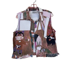 Chicos Womens Sleeveless Button Up Vest Abstract Graphic Art Print XL Pink