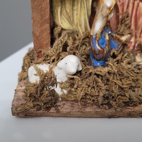 Vtg Christmas Nativity Scene Creche Wooden Stable Glazed Ceramic Figures 5.5"x4" - Bild 2 von 13