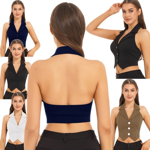 FEESHOW Women's Halter Vest Neck Crop Top Lapel Slim Fit Button Down AU - Picture 4 of 45