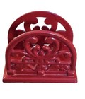 Red Enamel Arched Cast Iron Napkin Envelope Holder w/ Padded Feet - Ornate Heavy