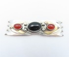Onyx & Carnelian Brooch Pin Signed Brass/Sterling Silver Oval Black