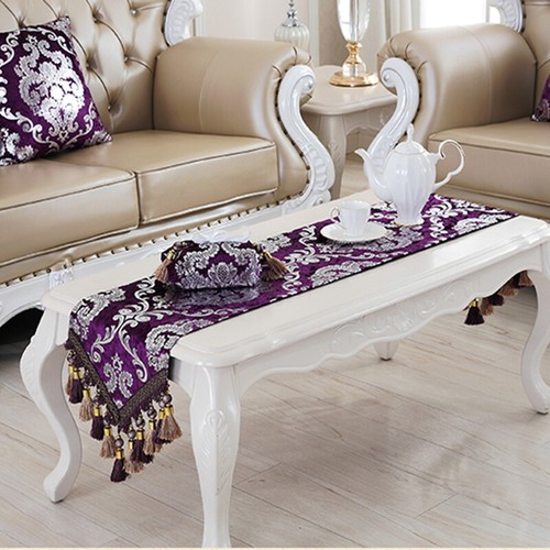 Luxury Velvet Table Runner Shiny Silver Floral tassels Table Cloth Decor Retro - Picture 7 of 15